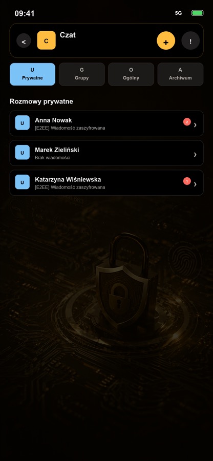 Lista szyfrowanych rozmów w aplikacji
