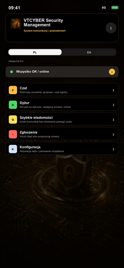Ekran główny aplikacji VTCYBER Security Management